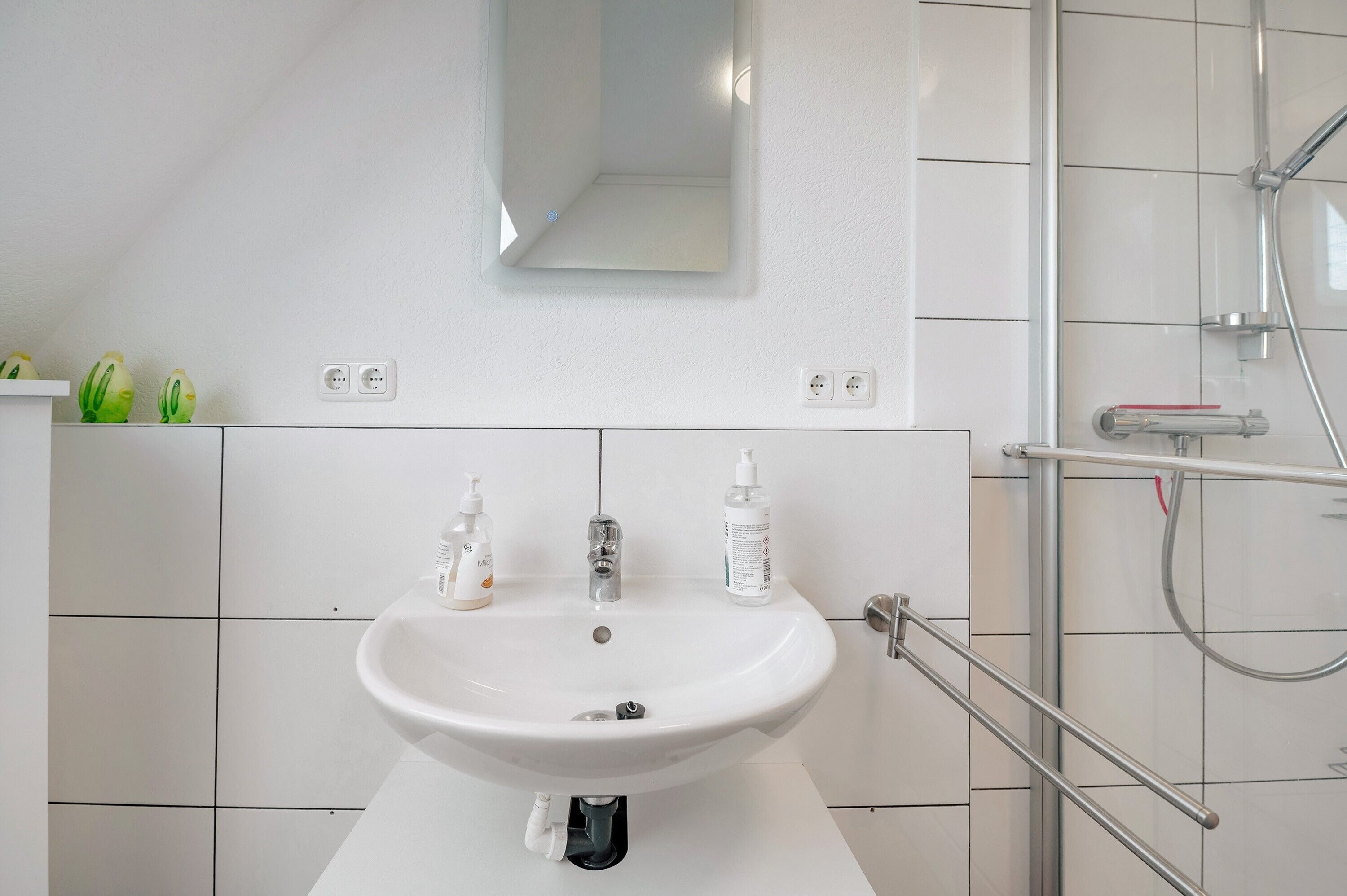 Une salle de bain avec un lavabo blanc, deux bouteilles de shampoing, un miroir et une douche avec une porte en verre.
