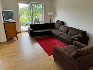 Una sala de estar con un sofá marrón, un tapete rojo, un armario de madera y un televisor.