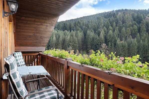 A wooden balcony with a view of a forested hillside, a table with chairs, and a railing.