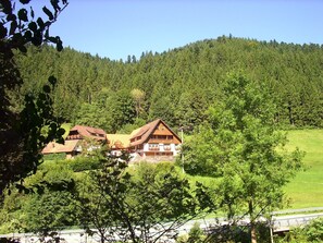 A chalet-style building with a sloped roof, surrounded by dense forest and a clear sky.