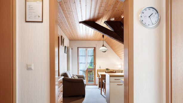 A narrow hallway leading to a living area with a sofa, a dining table, and a kitchen area with a sink and cabinets.