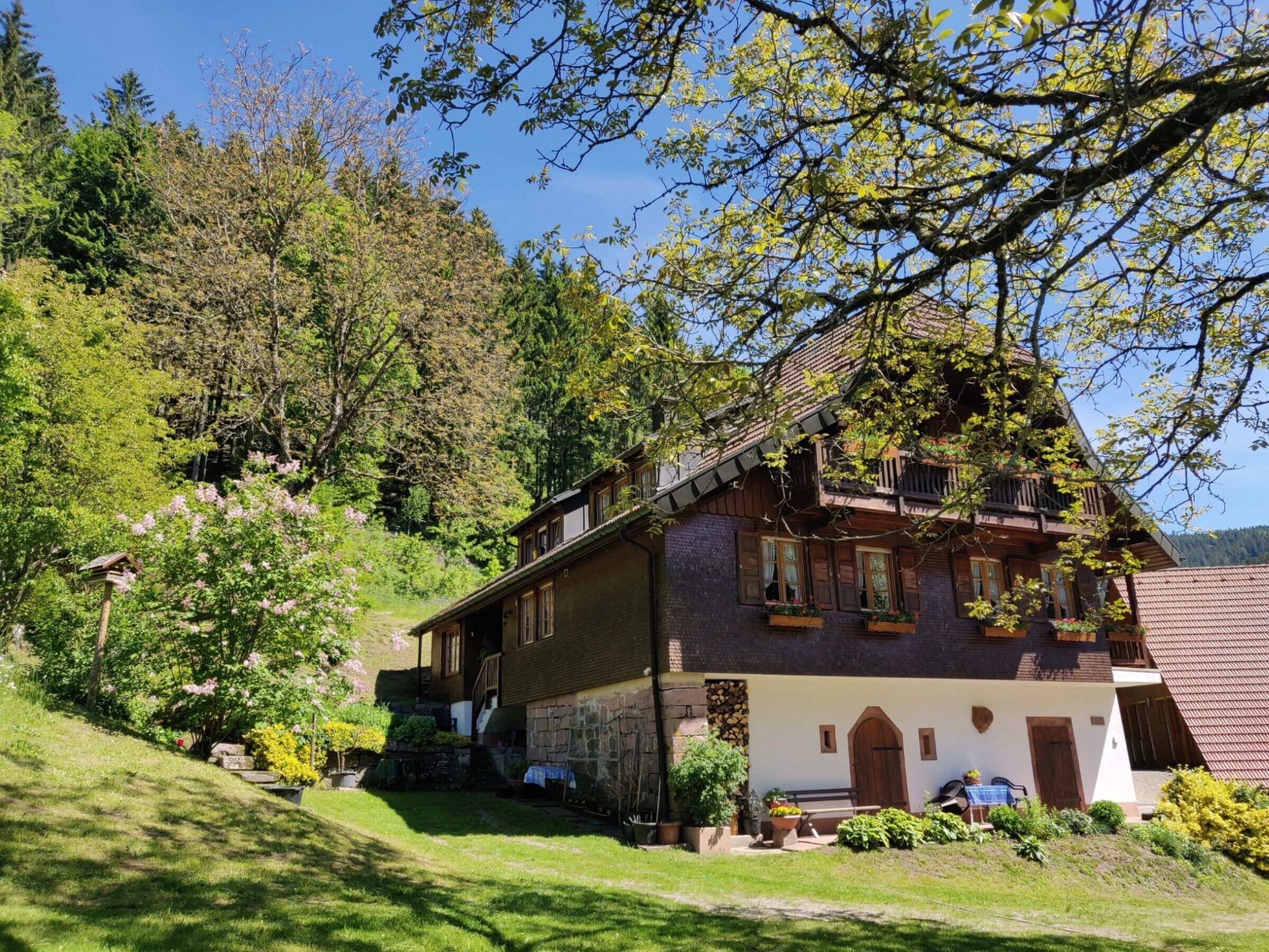 A traditional chalet with a stone foundation, wooden balconies, and a garden with flowering plants.