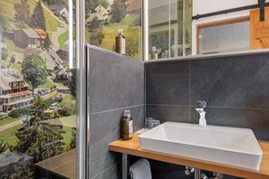 Shower, hair dryer, towels - Room 'Doppelzimmer 3' with Mountain View, Balcony and Wi-Fi (Bernau im Schwarzwald)