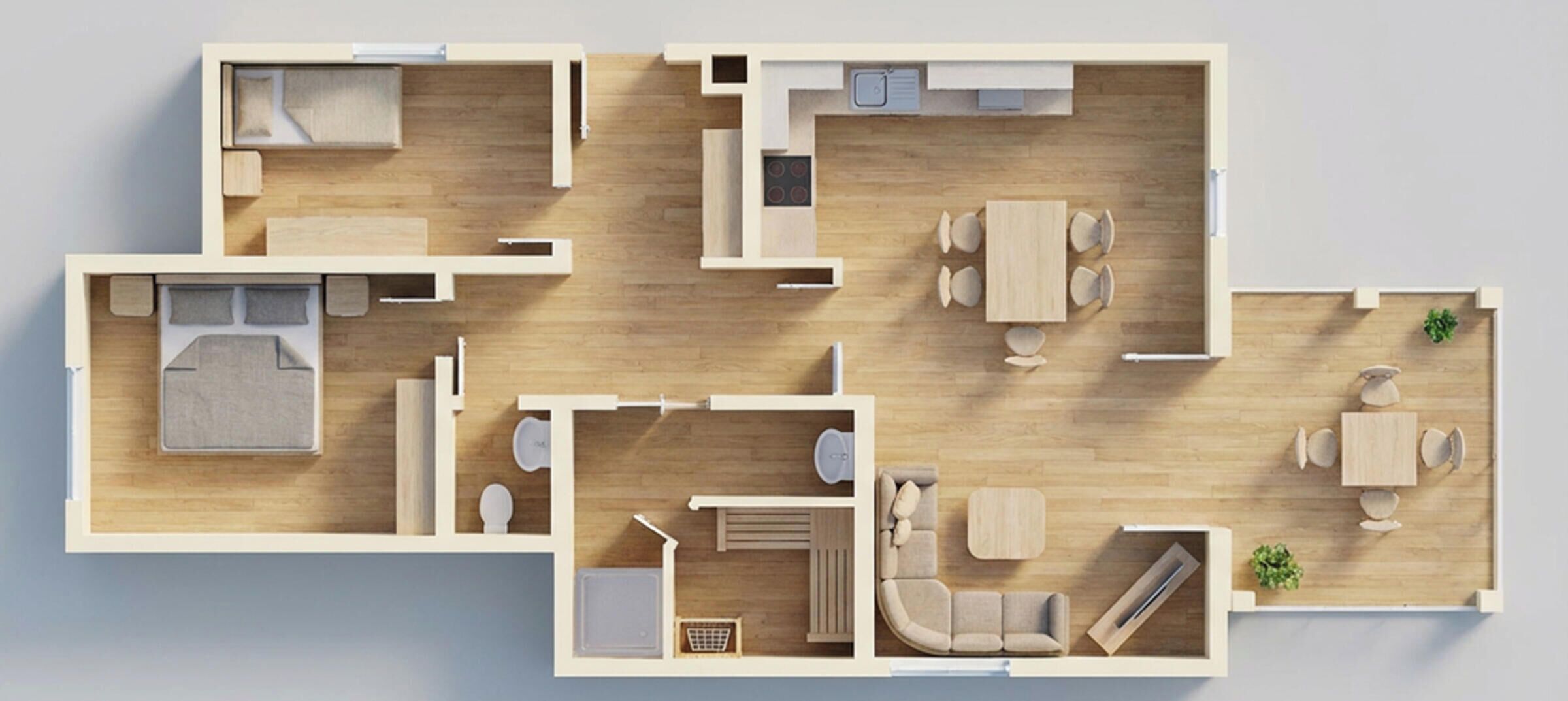 En planritning över ett hotellrum med en säng, ett skrivbord, en stol, en soffa, ett litet bord och ett fönster.