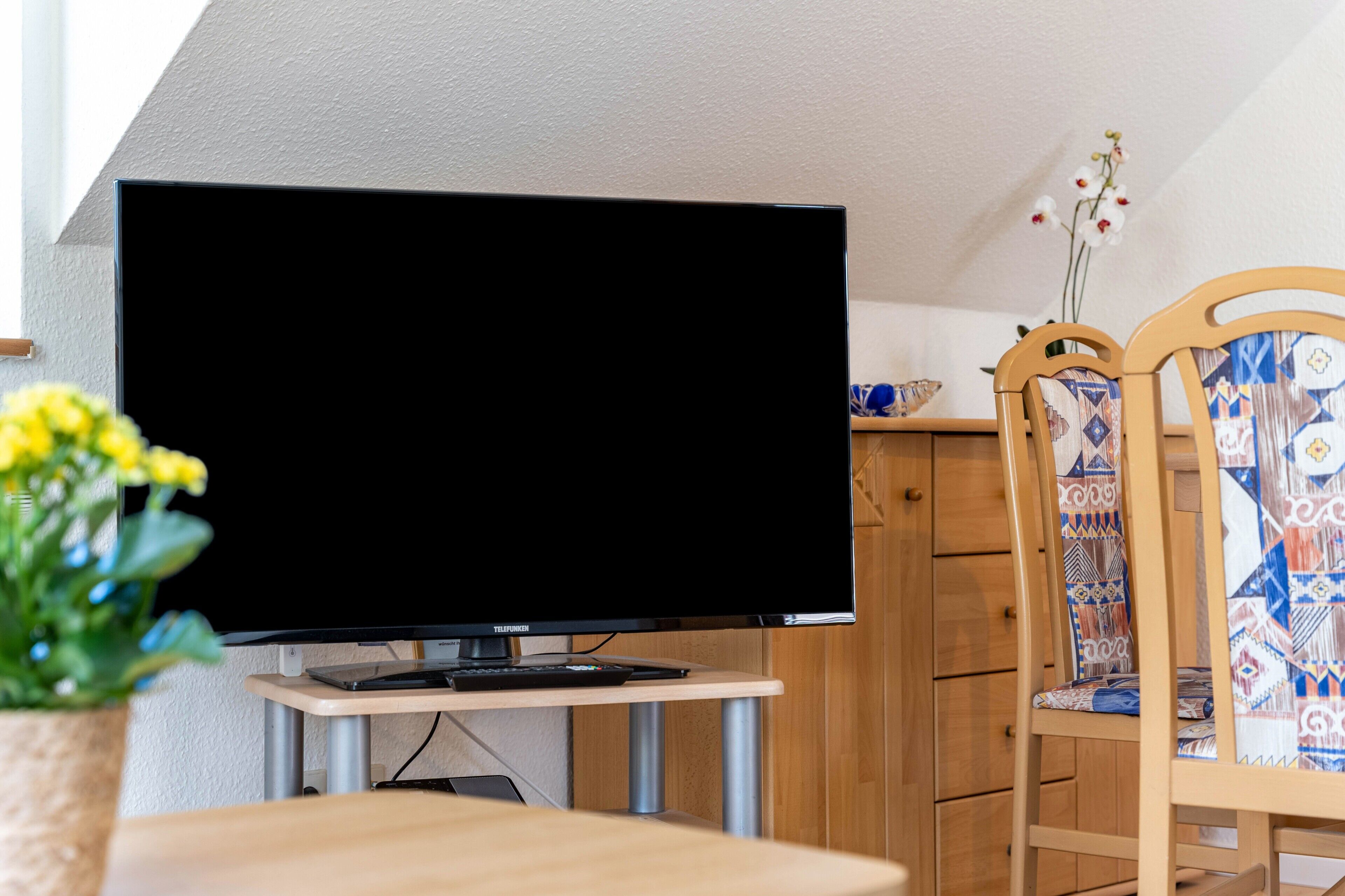 A modern living room with a flat-screen TV, wooden furniture, and a decorative plant.