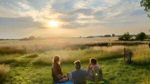 Een groep mensen zit op een deken in een grasveld, met een ondergaande zon op de achtergrond.