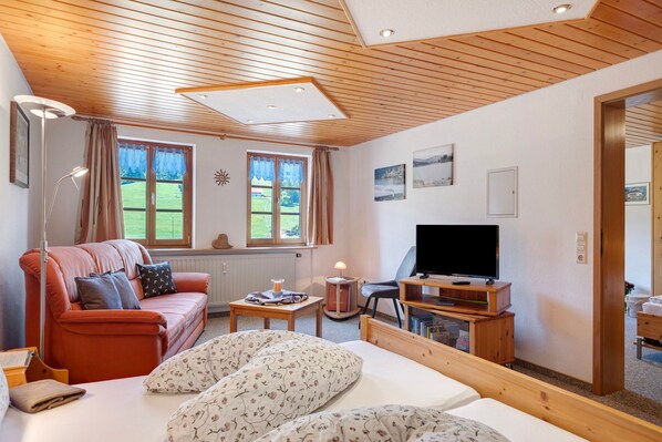 A cozy room with a bed, a sofa, a TV, and a window with a view of a green landscape.