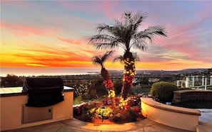 A balcony with a view of a sunset, a palm tree, and a barbecue grill.
