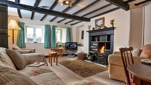 A cozy living room with a fireplace, a sofa, a television, and a dining table. - Cottage in Grasmere near Lake & Scenic Trails (Grasmere)
