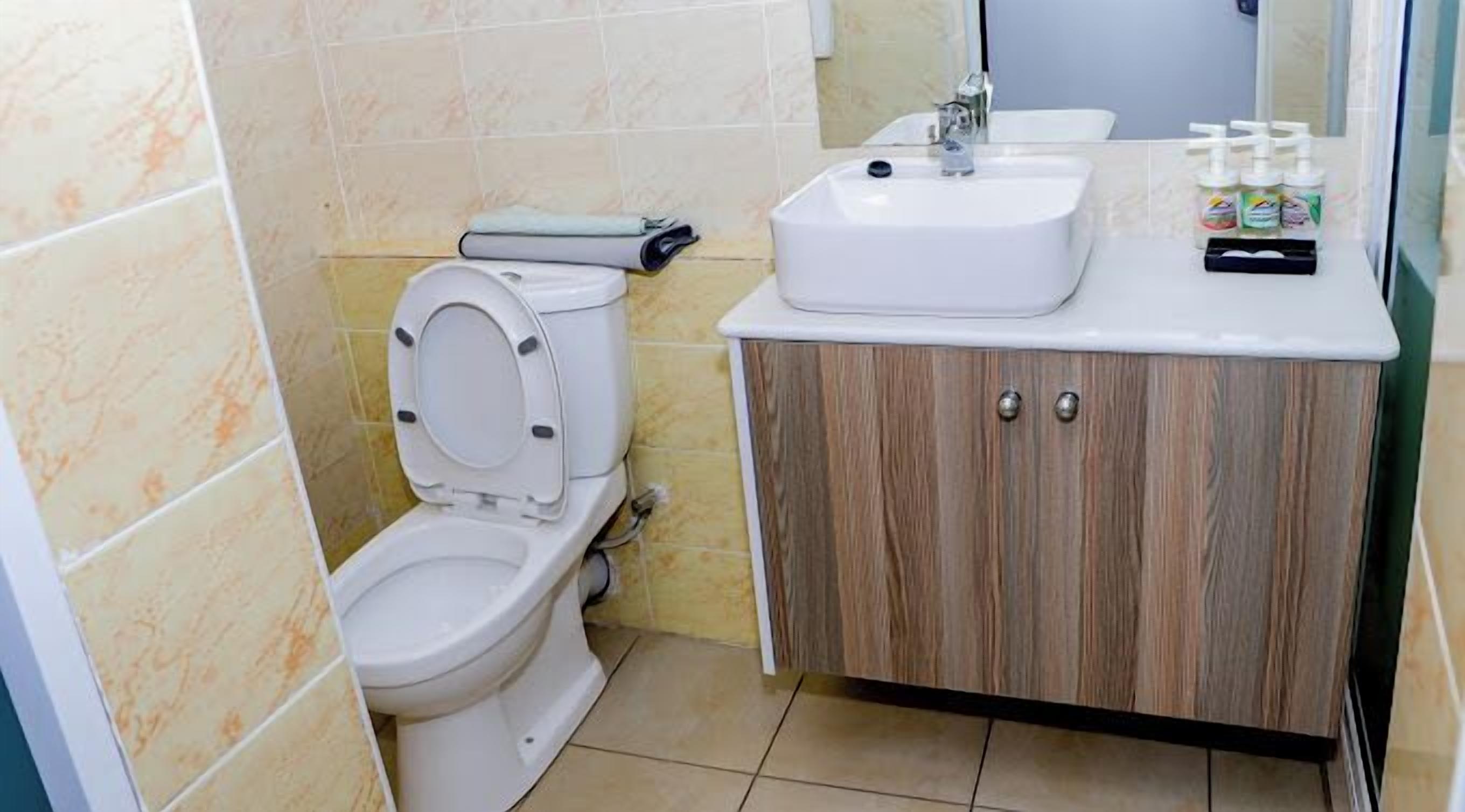 A bathroom with a toilet, sink, and cabinet.