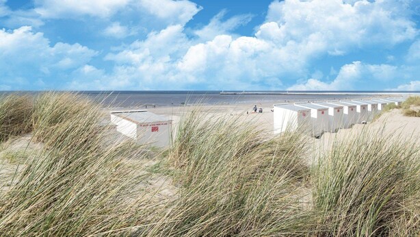 A beach with portable cabins and a clear sky.