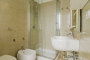 Shower, hair dryer, bidet, towels