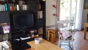 Cheminée, lecteur de DVD, baby-foot, table de tennis de table