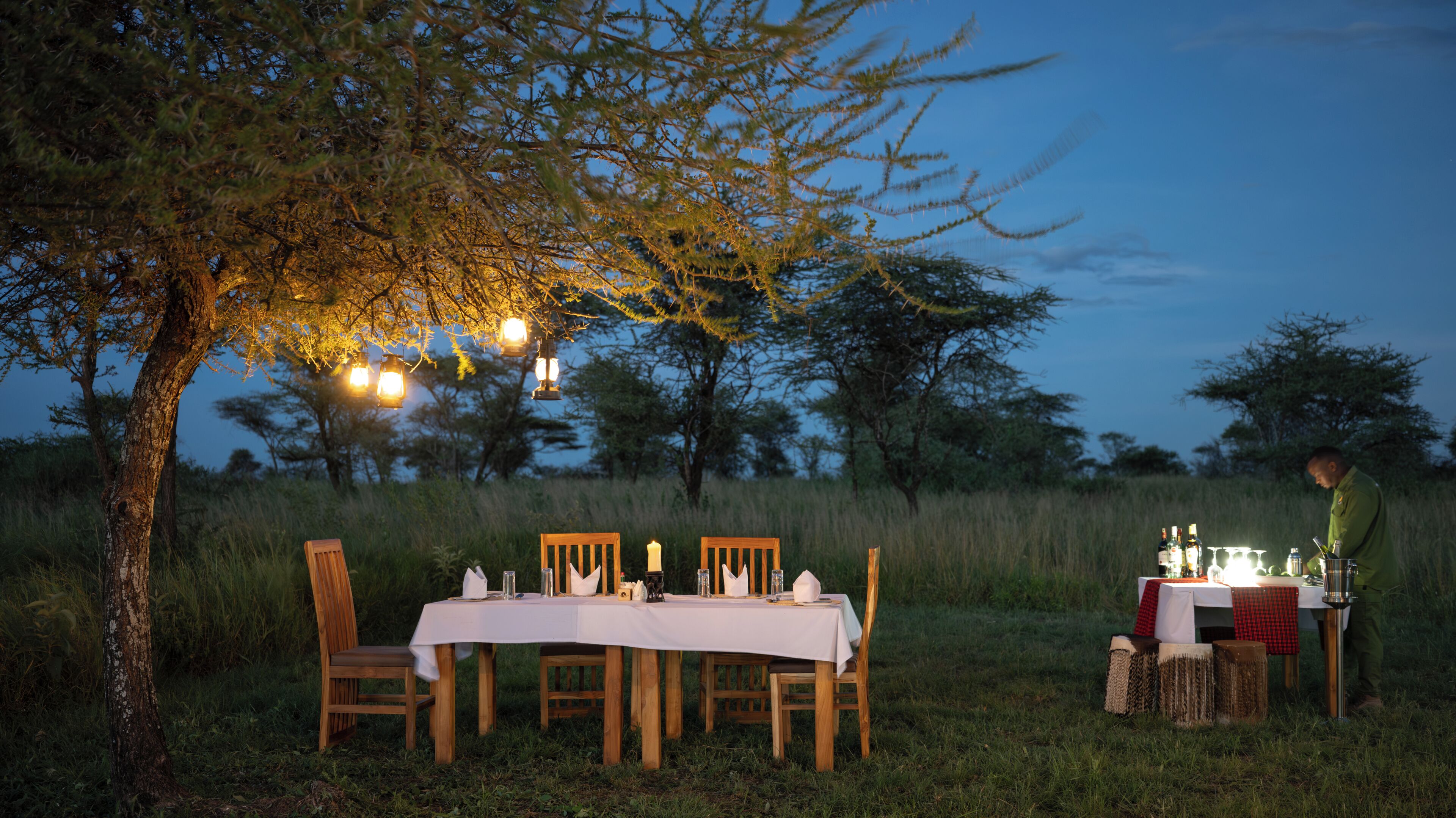 An outdoor dining setup with a table, chairs, and a person.