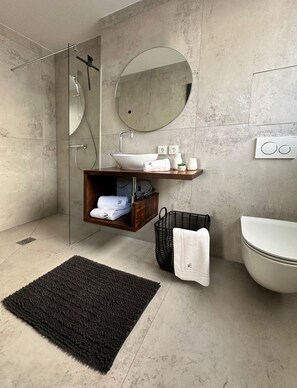 Regadera, secadora de cabello, bidet, toallas 