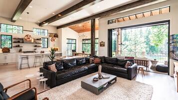 Smart TV, fireplace, books, stereo