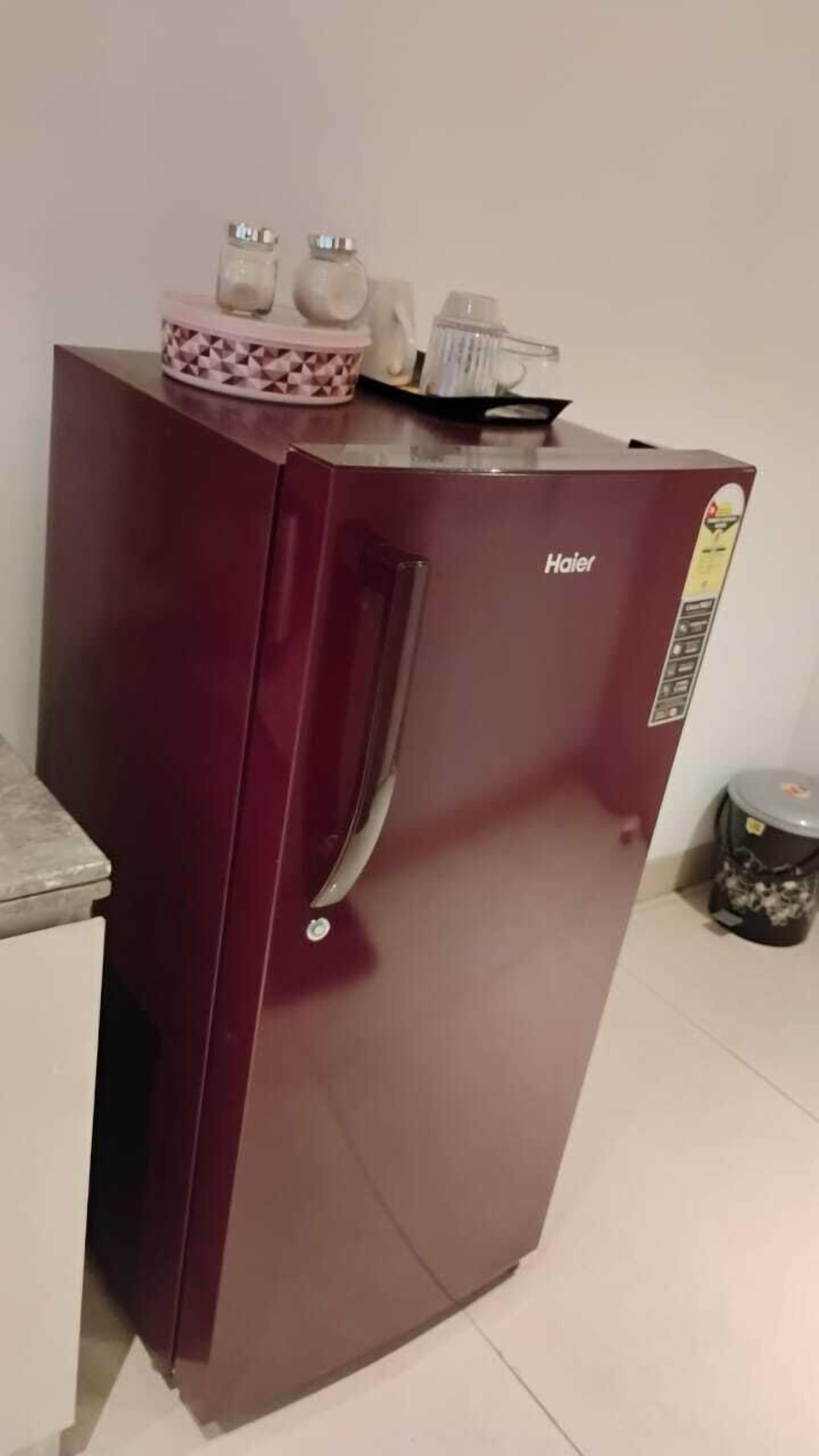 Ein dunkelroter Haier-Kühlschrank mit einem verzierten Behälter auf der Oberseite, eine kleine Mülltonne und eine weiße Wand im Hintergrund.