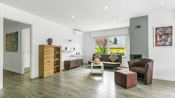 Flat-screen TV, fireplace