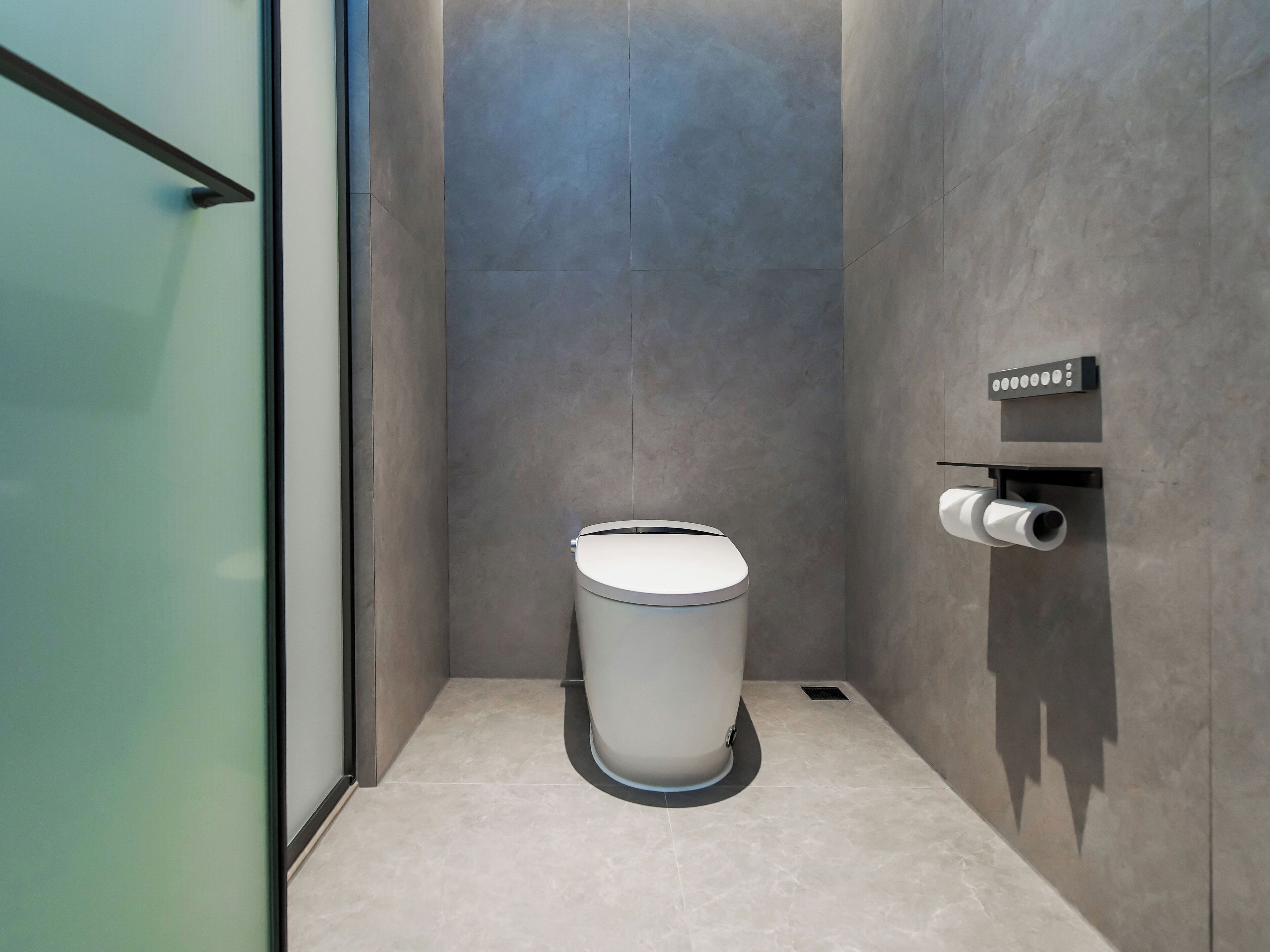 Une salle de bain moderne équipée de toilettes, d’un porte-rouleau de papier toilette et d’un espace douche.
