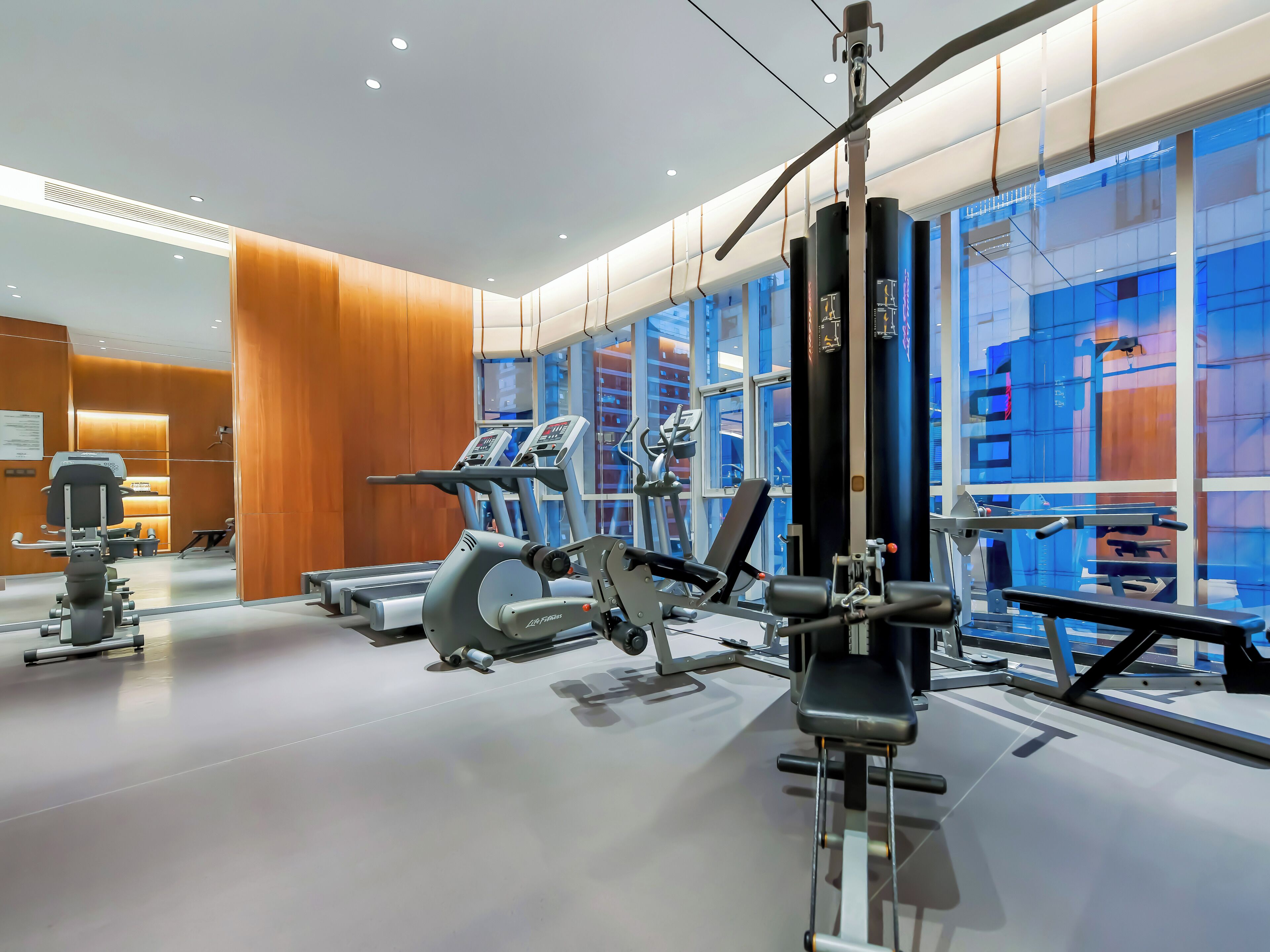 A modern gym with cardio machines, weightlifting equipment, and large windows offering city views.