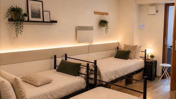 Ein Hotelzimmer mit zwei Einzelbetten, einem Nachttisch mit Lampe, einem kleinen Topfpflanzen, einer Wand-Klimaanlage und einem Regal mit gerahmten Bildern und Pflanzen.