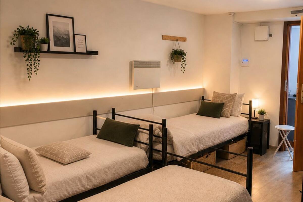 A hotel room with two single beds, a bedside table with a lamp, a small potted plant, a wall-mounted air conditioner, and a shelf with framed pictures and plants.
