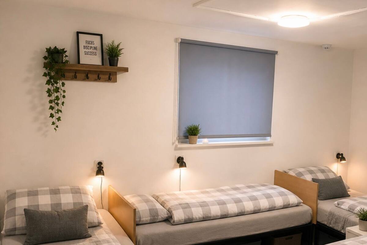 A dormitory room with four single beds, a window with a view, a shelf with plants, and a wall-mounted light fixture.
