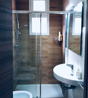 Shower, hair dryer, bidet, toilet paper