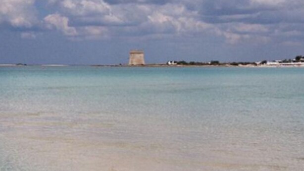 A beach with clear shallow waters and a distant structure.