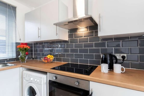 Fridge, microwave, oven, toaster