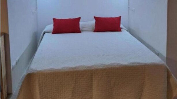 Une pièce dotée d’un plafond en forme d’arc en pierre, d’un lit avec une literie blanche et des oreillers rouges, et d’un mur sobre.