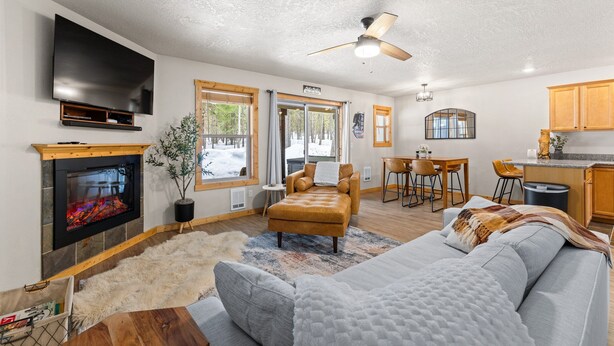 A living room with a fireplace, a sofa, a coffee table, and a television. - Grandma's Hideaway - walk to downtown, private hot tub, pet friendly with patio (McCall)