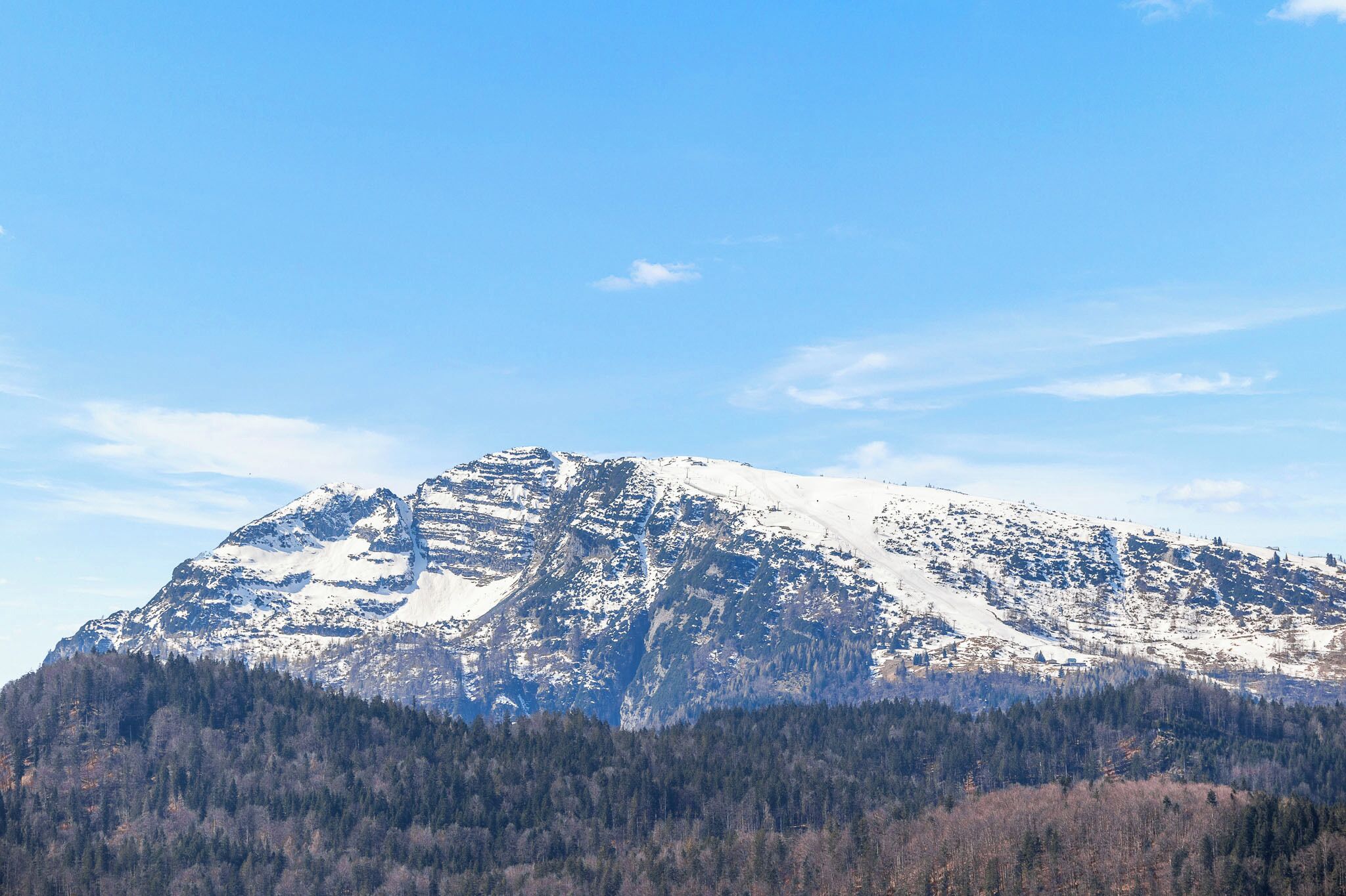 A snow-covered mountain with a forested base.