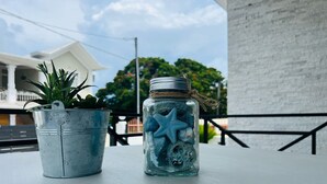 A metal bucket with a plant and a glass jar with starfish and shells on a balcony. - Refresh Holiday's'Apartment 5 (Mon Choisy)