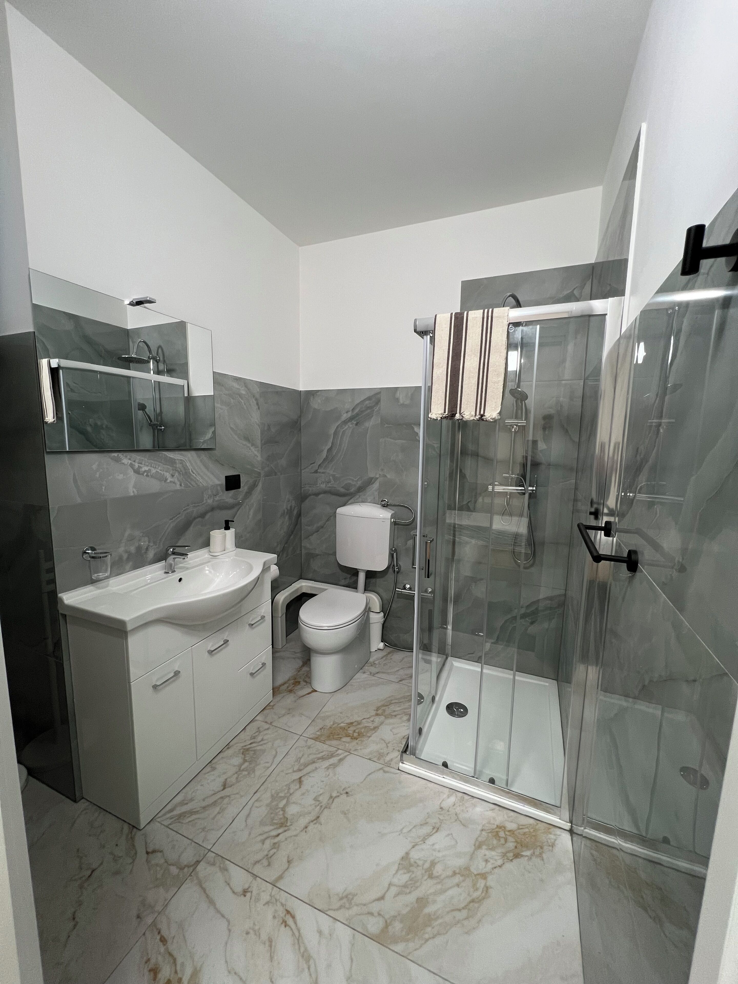 A modern bathroom with a glass shower enclosure, a white sink, and a toilet.