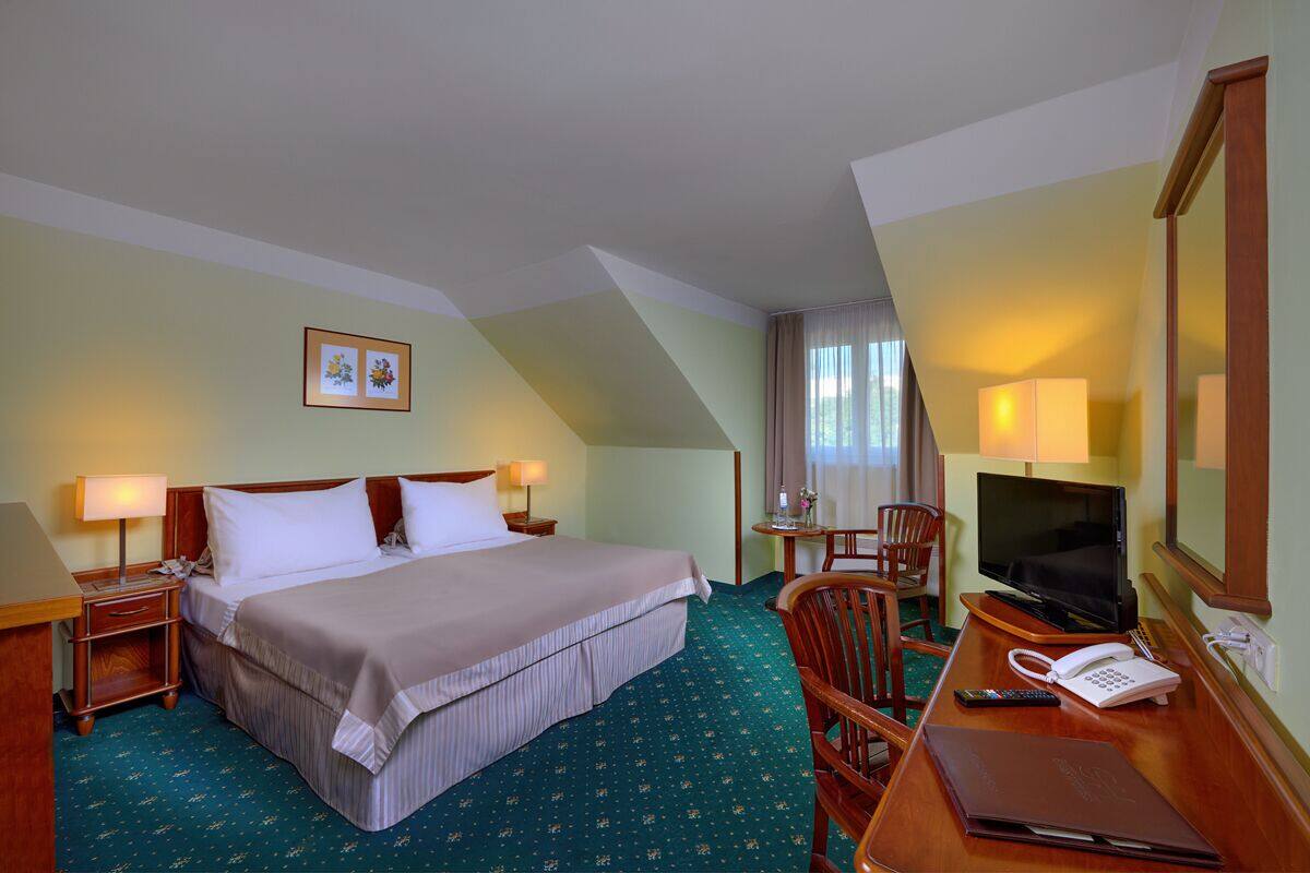 A hotel room with a large bed, a desk with a TV, a chair, and a desk lamp.