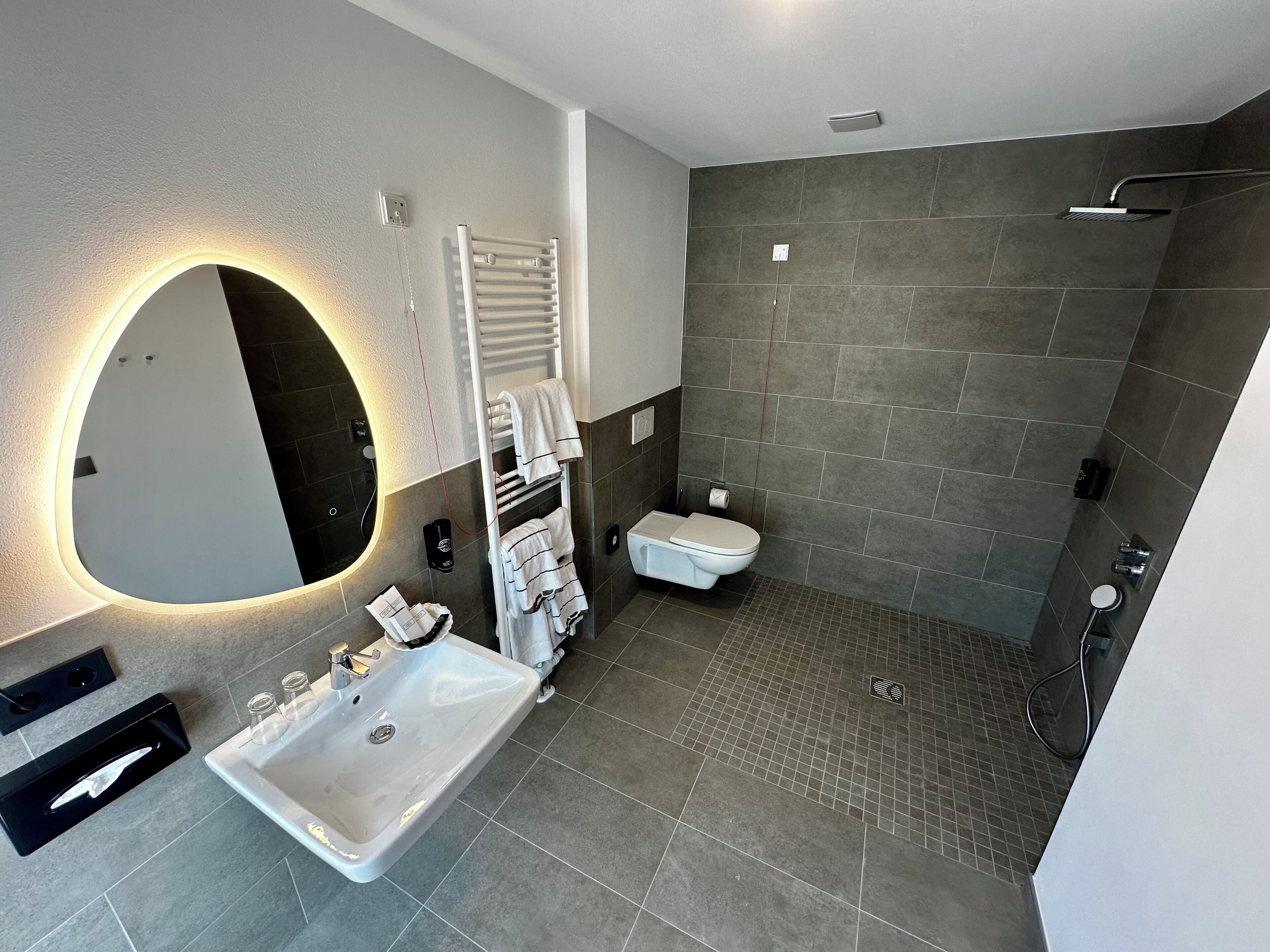 Un baño moderno con un lavamanos grande, un inodoro y una zona de ducha.