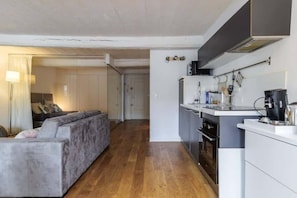 Um espaço compacto com sofá, cozinha compacta e porta que dá acesso a outro quarto.