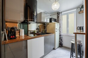 Fridge, microwave, electric kettle