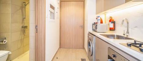 Jetted bath, hair dryer, towels, soap