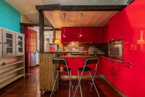 Fridge, microwave, oven, electric kettle