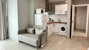 Ein kompakter Wohnbereich mit einer Couch, einer Küchenzeile und einer Waschmaschine.
