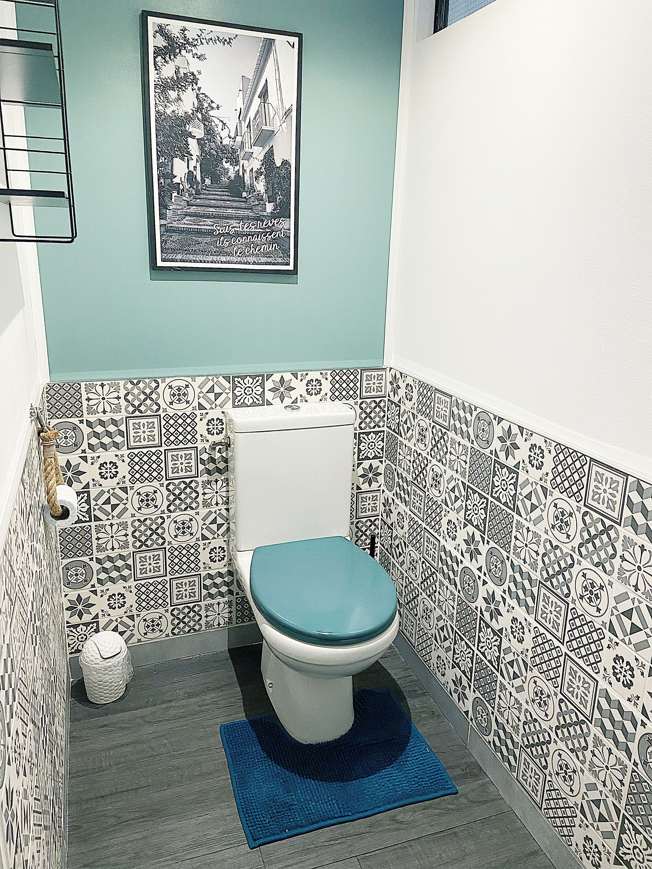 Une petite salle de bain avec des toilettes, un tapis bleu, des carreaux à motifs et un tableau encadré au mur.