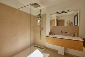 Shower, hair dryer, soap, shampoo