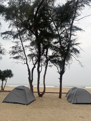 Una playa con tres tiendas de campaña y árboles.