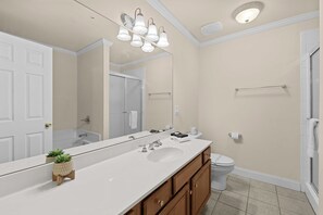 Shower, jetted tub, hair dryer, towels