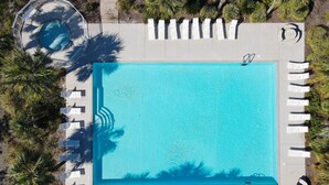 An aerial view of a rectangular swimming pool surrounded by white lounge chairs and palm trees.