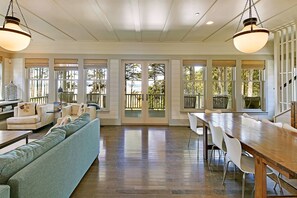 TV, fireplace, books