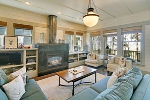 TV, fireplace, books