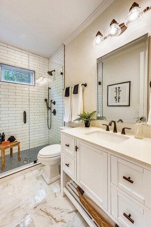 Shower, hair dryer, towels, shampoo